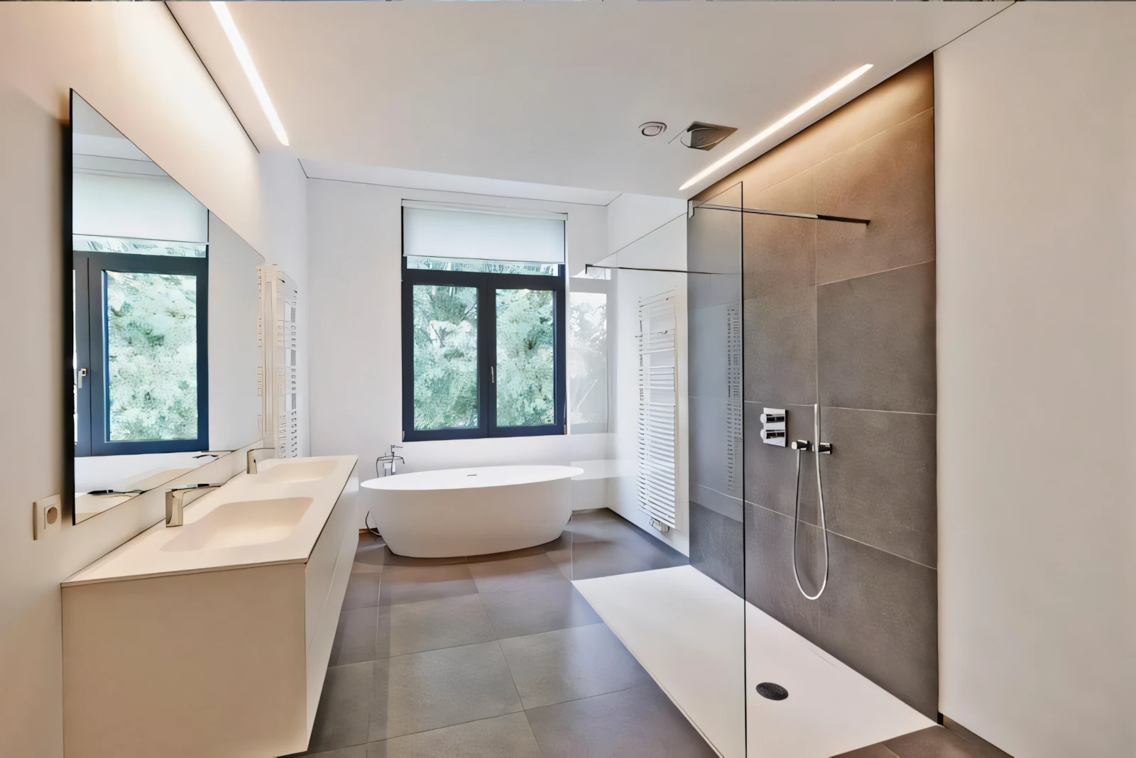 After — modern remodeled bathroom with freestanding tub and walk-in shower